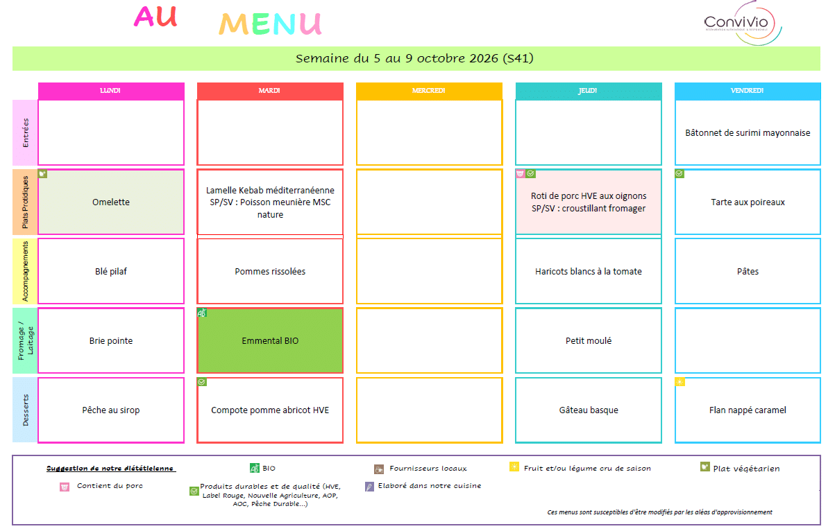 Menus du 5 au 9 octobre
